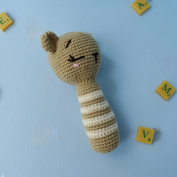 Crochet amigurumi bear stick rattle side view