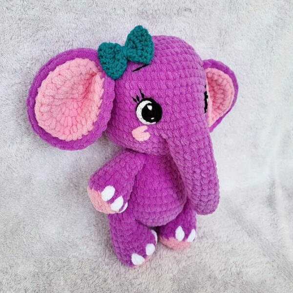 Crochet amigurumi elephant plushie side view