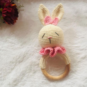 bunny rattle with pink ruffles
