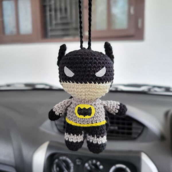 Handmade crochet amigurumi mini Batman carhanging