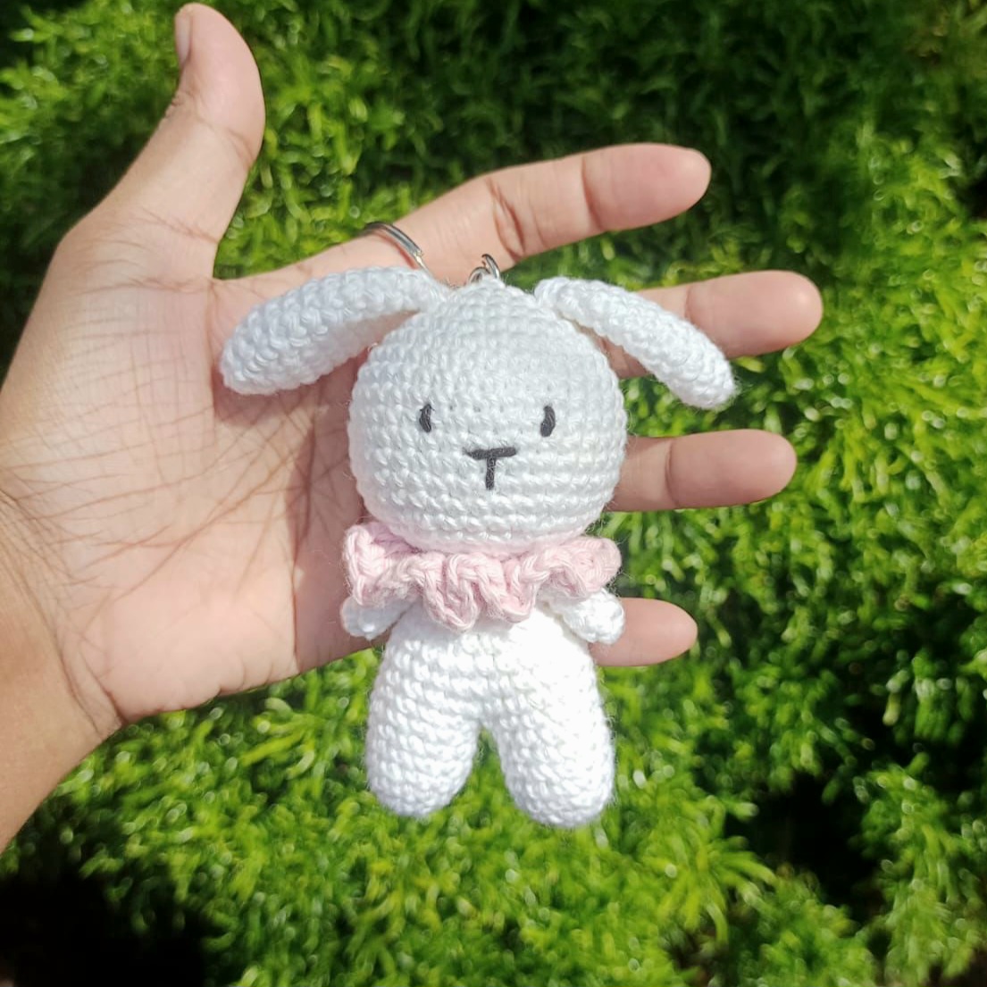 Crochet amigurumi bunny with pink collar keychain full view