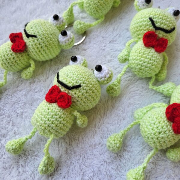 Crochet amigurumi frog with red collar tie keychain