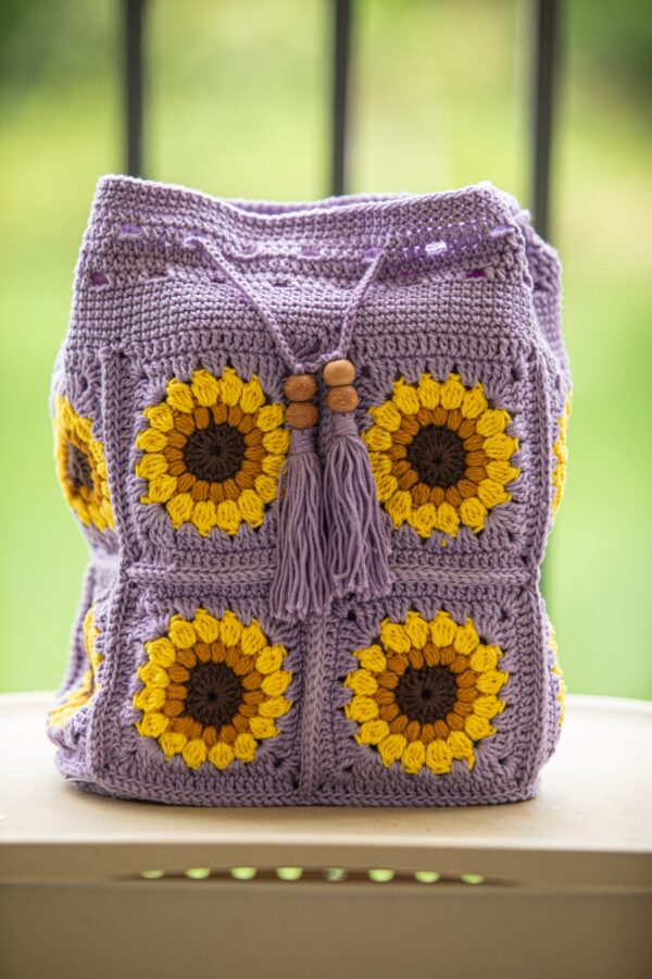 lavender sunflower granny square bag