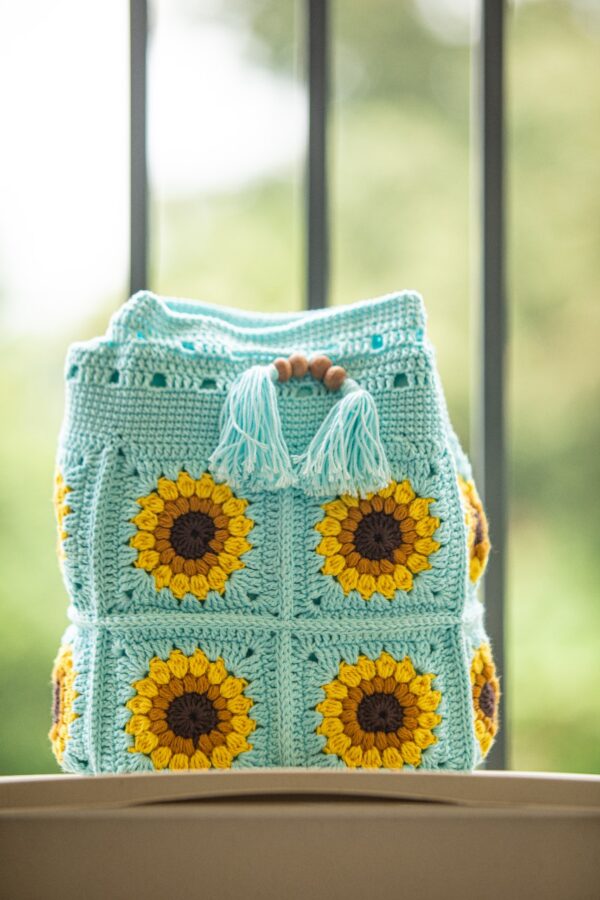 light green sunflower granny square bag